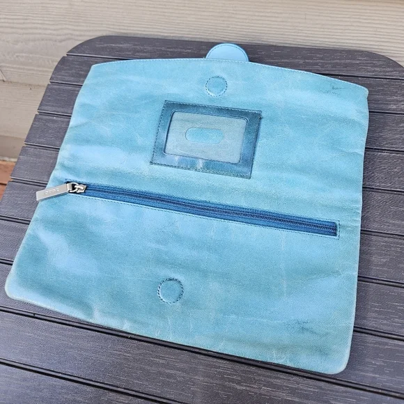 Hobo International Teal Blue Aqua Leather Fold Over Clutch Bag Small Purse